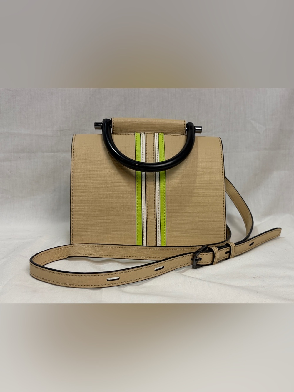 Botkier Austin beige Mini leather crossbody bag with neon green/white stripes